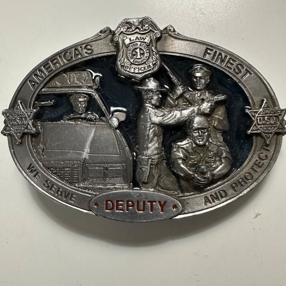 VTG 1988 C+J Inc #1439 Deputy 3.5 x 2.5” Silvertone made in USA Belt Buckle